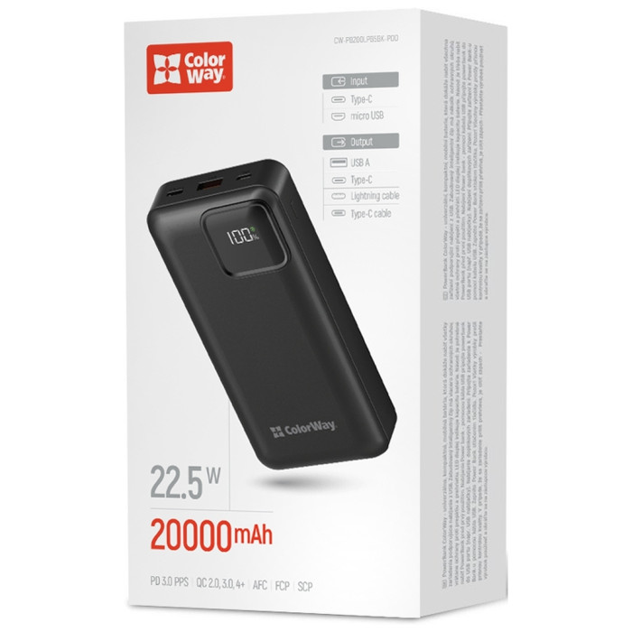 Батарея універсальна ColorWay 20 000 mAh Optimal Power PD/22.5W, QC/3.0, Black (CW-PB200LPB5BK-PDD)