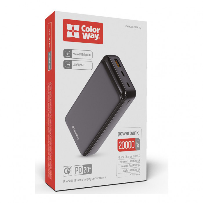 Батарея універсальна ColorWay 20 000 mAh Slim PD/20W, QC/3.0 USB-C/Micro-USB/USB-A Black (CW-PB200LPG3BK-PD)