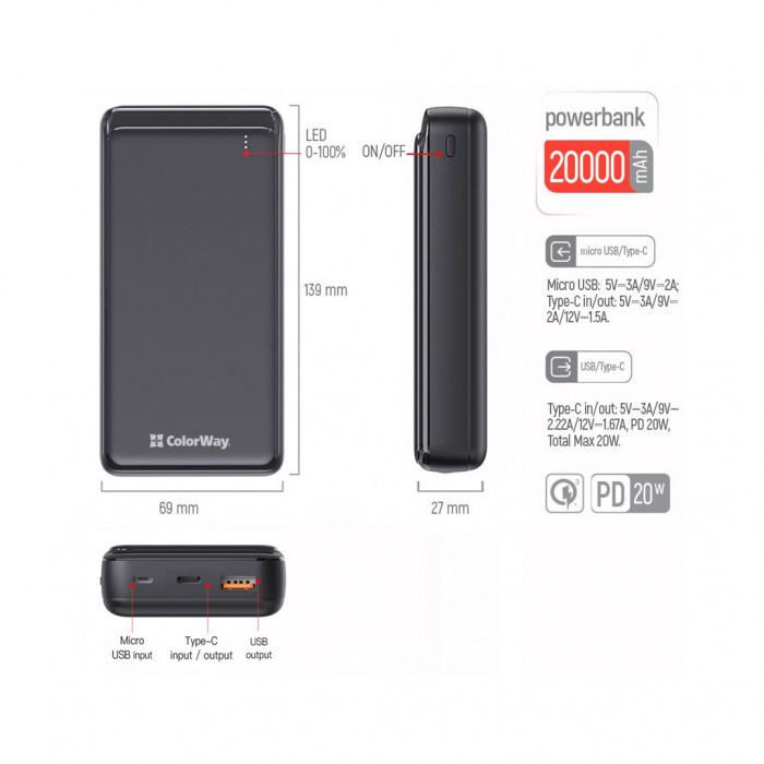 Батарея універсальна ColorWay 20 000 mAh Slim PD/20W, QC/3.0 USB-C/Micro-USB/USB-A Black (CW-PB200LPG3BK-PD)