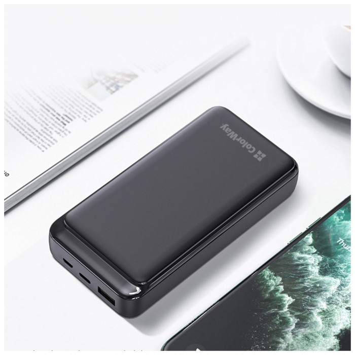 Батарея універсальна ColorWay 20 000 mAh Slim PD/20W, QC/3.0 USB-C/Micro-USB/USB-A Black (CW-PB200LPG3BK-PD)