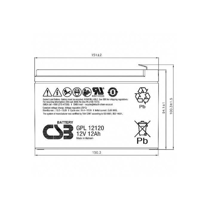 Батарея до ДБЖ CSB 12В 12 Аг (GPL12120 F2)