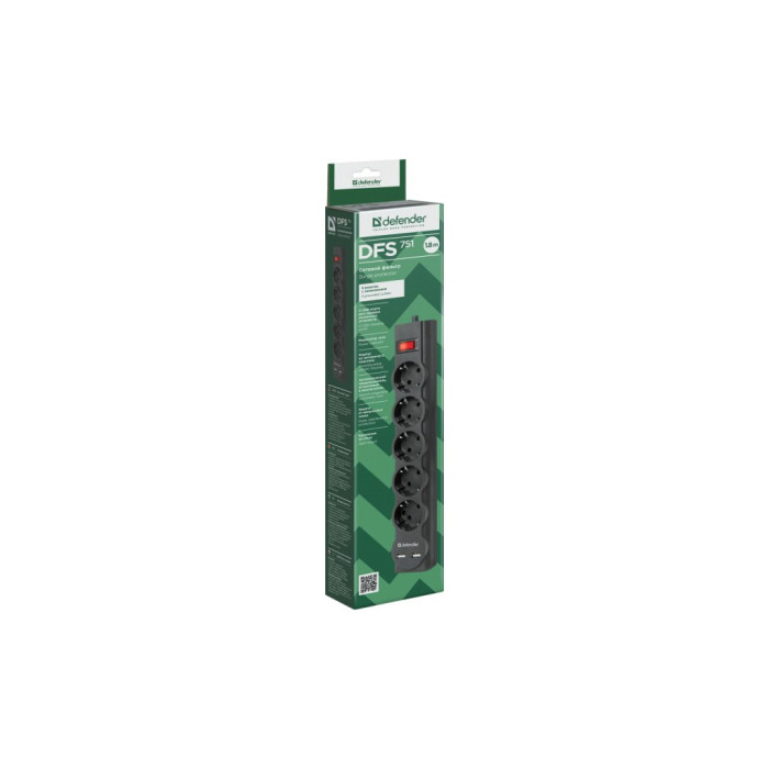 Мережевий фільтр живлення Defender DFS 751, 1.8m, 5роз., 2xUSB (99751)
