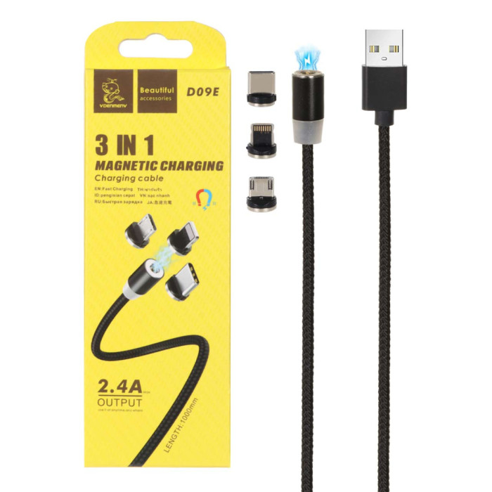 Дата кабель USB 2.0 AM to Lightning + Micro 5P + Type-C magnetic black Denmen (DN-D09E-BK)