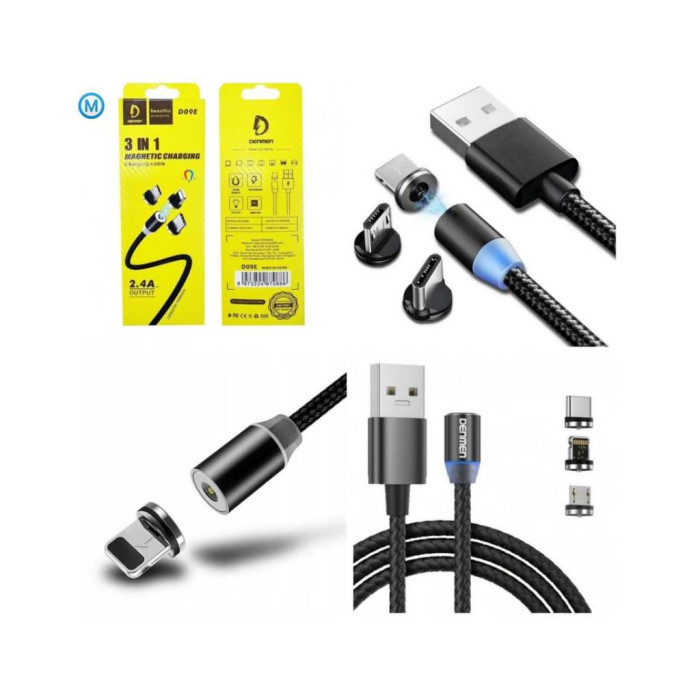 Дата кабель USB 2.0 AM to Lightning + Micro 5P + Type-C magnetic black Denmen (DN-D09E-BK)