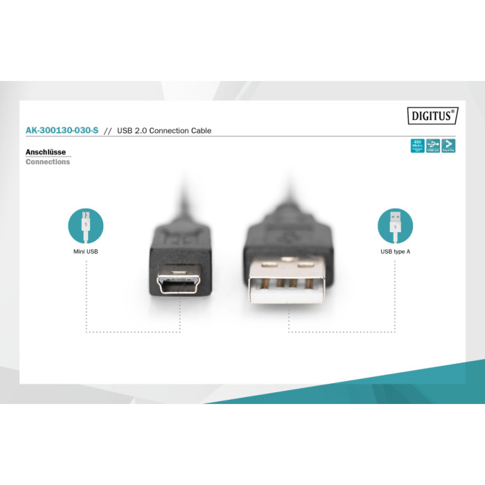 Дата кабель USB 2.0 AM to Mini 5P 3.0m black Digitus (AK-300130-030-S)