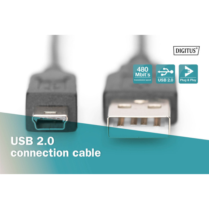 Дата кабель USB 2.0 AM to Mini 5P 3.0m black Digitus (AK-300130-030-S)