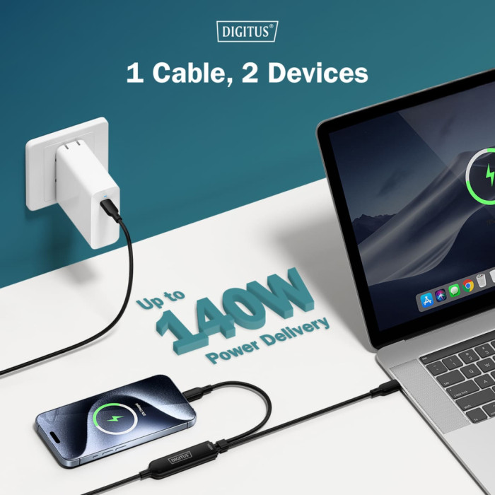 Дата кабель USB-C to 2xUSB-C 1.8m 140W black Digitus (AK-300170-018-S)