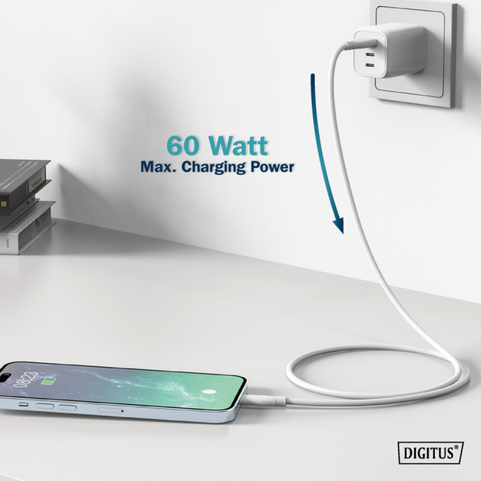 Дата кабель USB 2.0 AM to USB-C 1.0m 60W white Digitus (AK-300340-010-W)