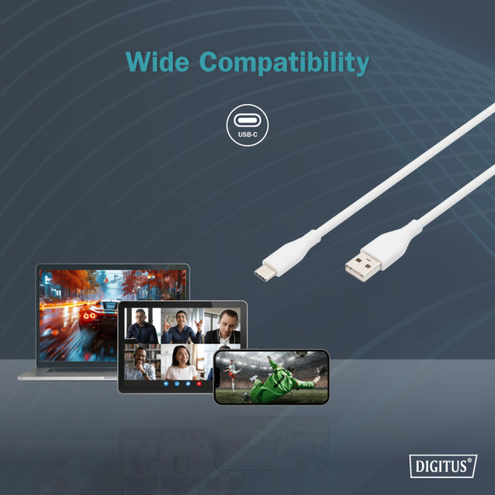 Дата кабель USB 2.0 AM to USB-C 2.0m 60W white Digitus (AK-300340-020-W)