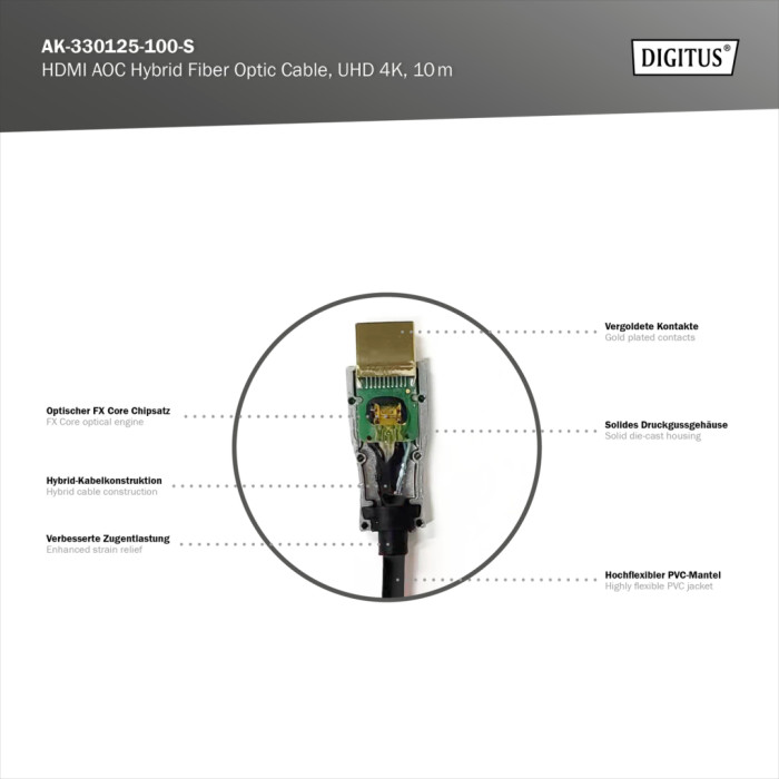 Кабель мультимедійний HDMI M to HDMI M 10m 4K AOC hybrid-fiber black Digitus (AK-330125-100-S)