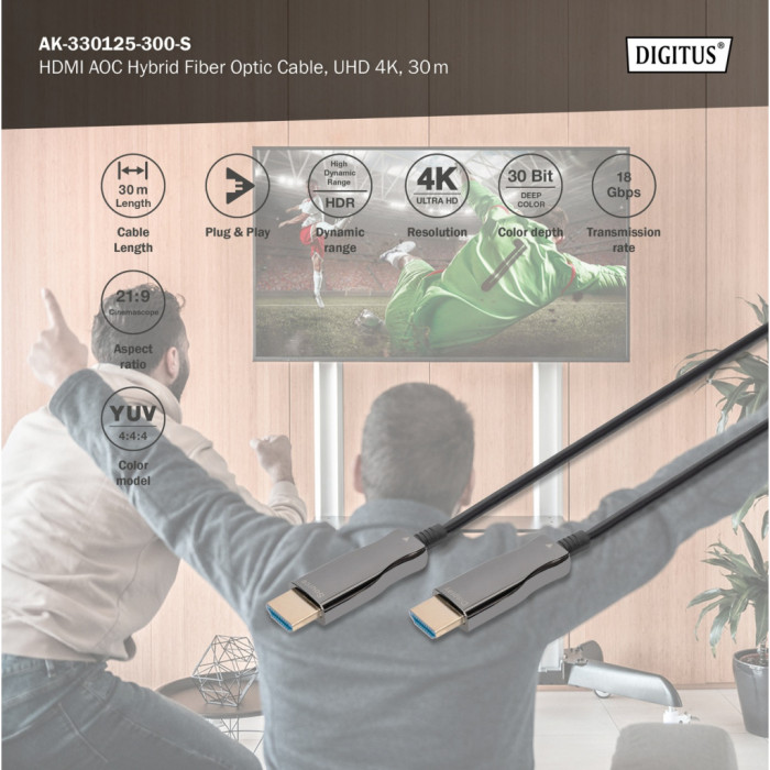 Кабель мультимедійний HDMI M to HDMI M 30m 4K AOC hybrid-fiber black Digitus (AK-330125-300-S)