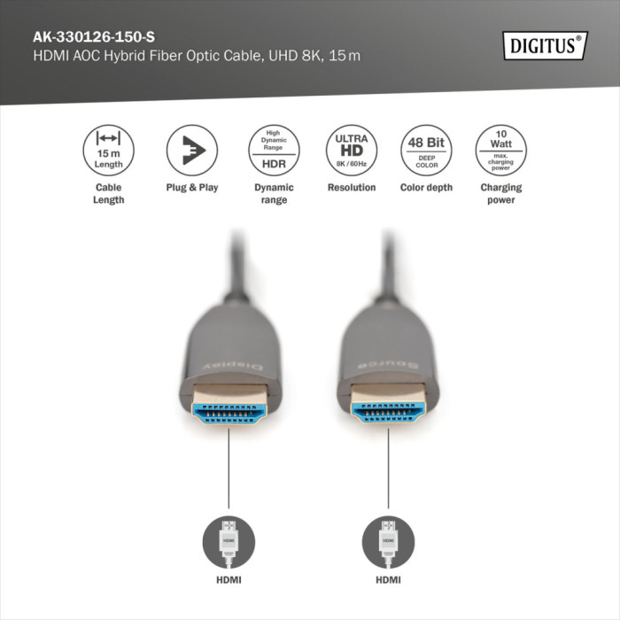 Кабель мультимедійний HDMI M to HDMI M 15m 8K AOC hybrid-fiber black Digitus (AK-330126-150-S)