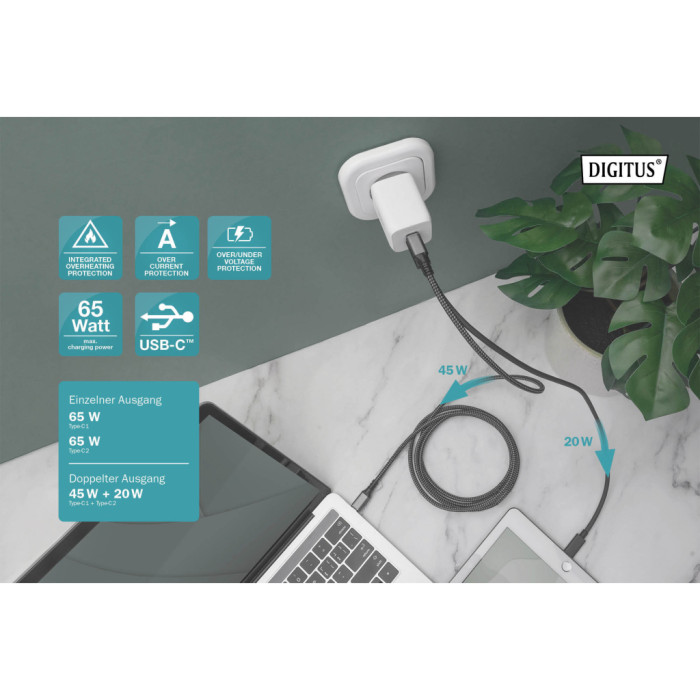 Зарядний пристрій Digitus 2xUSB-C PD65W GaN (DA-10063)