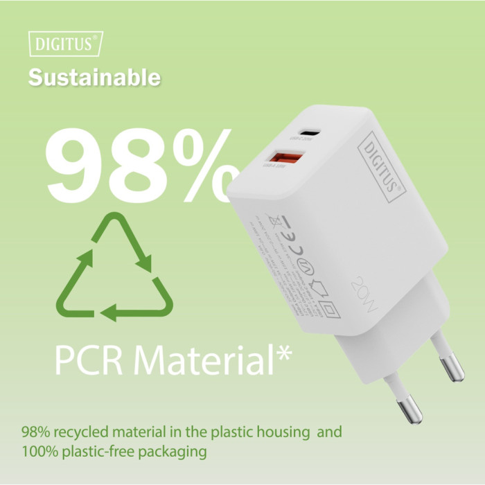 Зарядний пристрій Digitus 1xUSB-C + 1xUSB 20W (DA-10300)