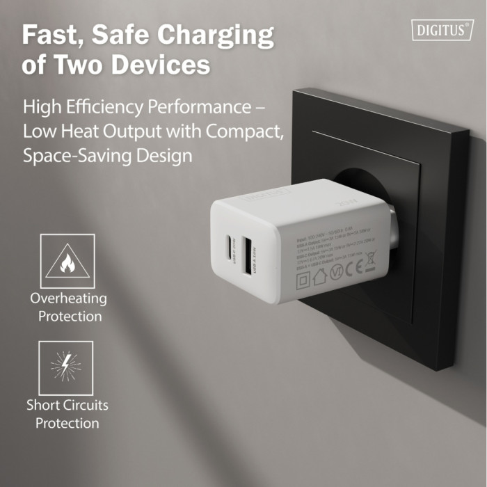 Зарядний пристрій Digitus 1xUSB-C + 1xUSB 20W (DA-10300)