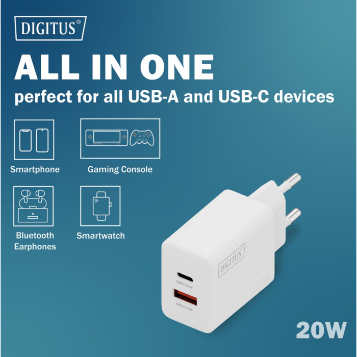 Зарядний пристрій Digitus 1xUSB-C + 1xUSB 20W (DA-10300)