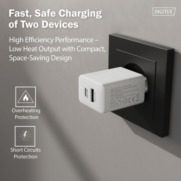 Зарядний пристрій Digitus 1xUSB-C + 1xUSB 30W GaN (DA-10301)