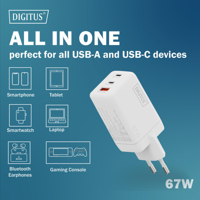 Зарядний пристрій Digitus 2xUSB-C + 1xUSB 67W GaN (DA-10303)