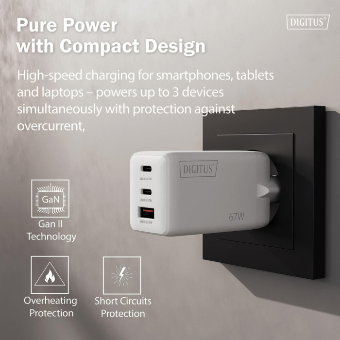 Зарядний пристрій Digitus 2xUSB-C + 1xUSB 67W GaN (DA-10303)