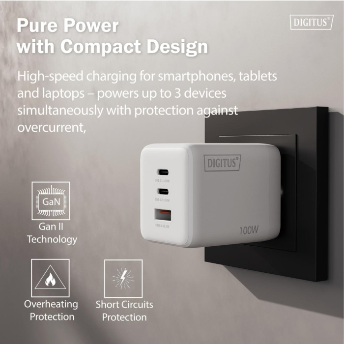 Зарядний пристрій Digitus 2xUSB-C + 1xUSB-A GaN 100W (DA-10304)