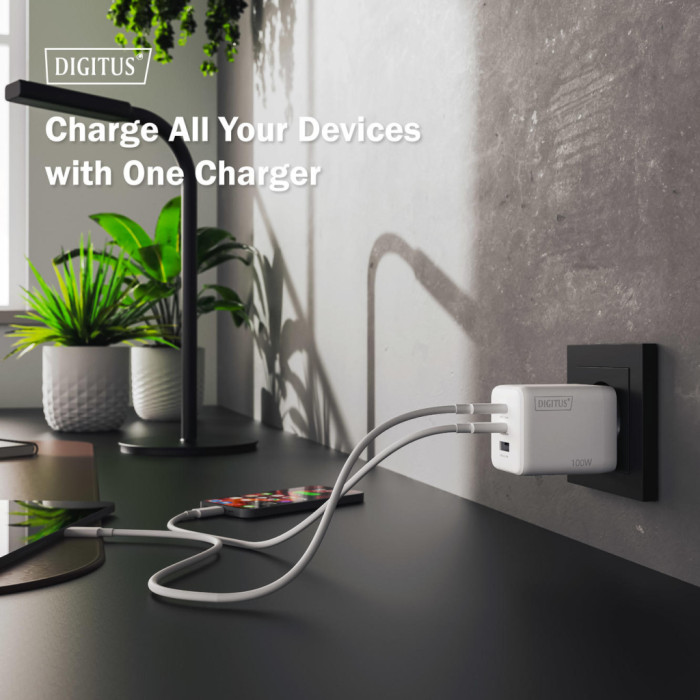 Зарядний пристрій Digitus 2xUSB-C + 1xUSB-A GaN 100W (DA-10304)