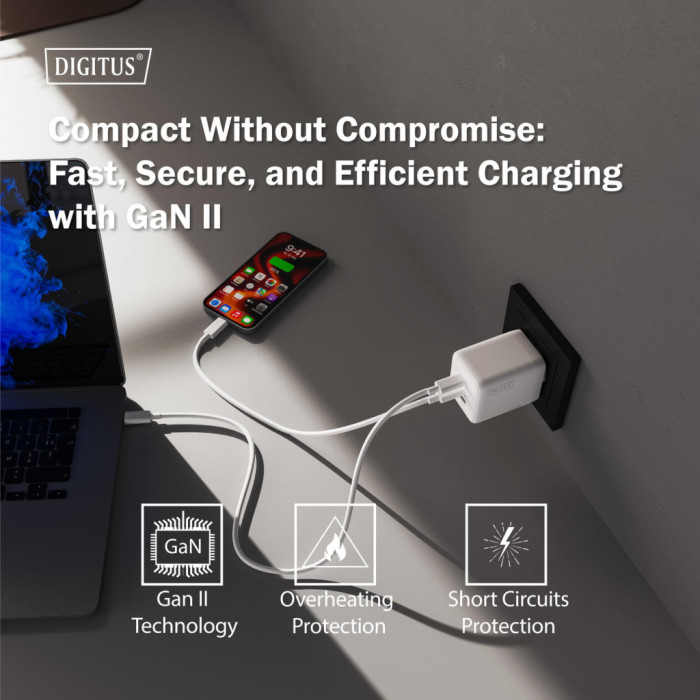 Зарядний пристрій Digitus 2xUSB-C + 1xUSB-A GaN 100W (DA-10304)