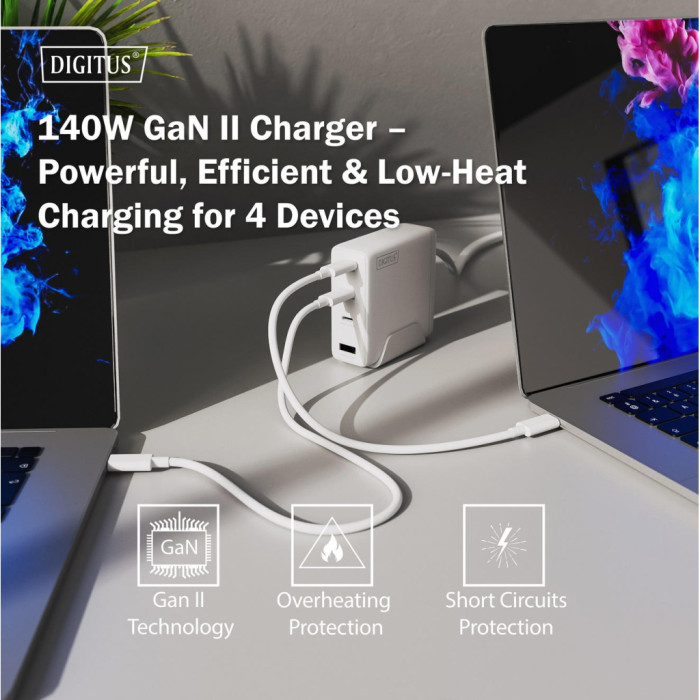 Зарядний пристрій Digitus 3xUSB-C + 1xUSB PD140W GaN white (DA-10305)