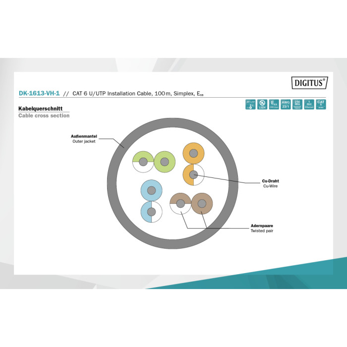 Кабель мережевий Digitus UTP 100м, cat.6, AWG 23/1, CU, LSZH-1, violet (U-UTP) (DK-1613-VH-1)