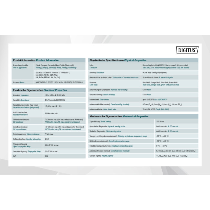 Кабель мережевий Digitus UTP 100м, cat.6, AWG 23/1, CU, LSZH-1, violet (U-UTP) (DK-1613-VH-1)
