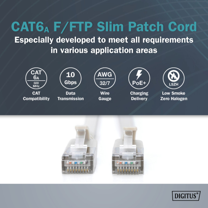 Патч-корд 0.3м, FTP, cat.6A, Sliim, AWG 32/7, Cu, LSZH, grey Digitus (DK-1632-A-003S)