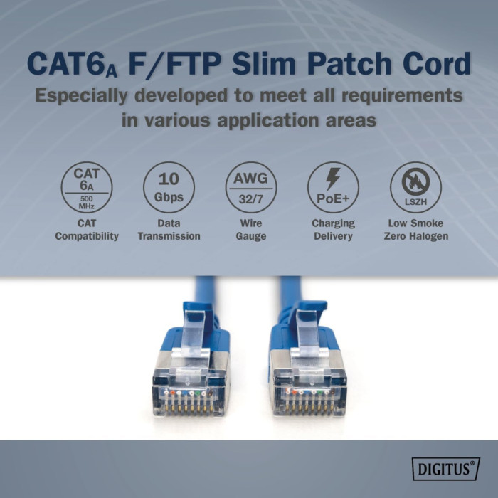 Патч-корд 1м, FTP, cat.6A, Sliim, AWG 32/7, Cu, LSZH, blue Digitus (DK-1632-A-010S-B)