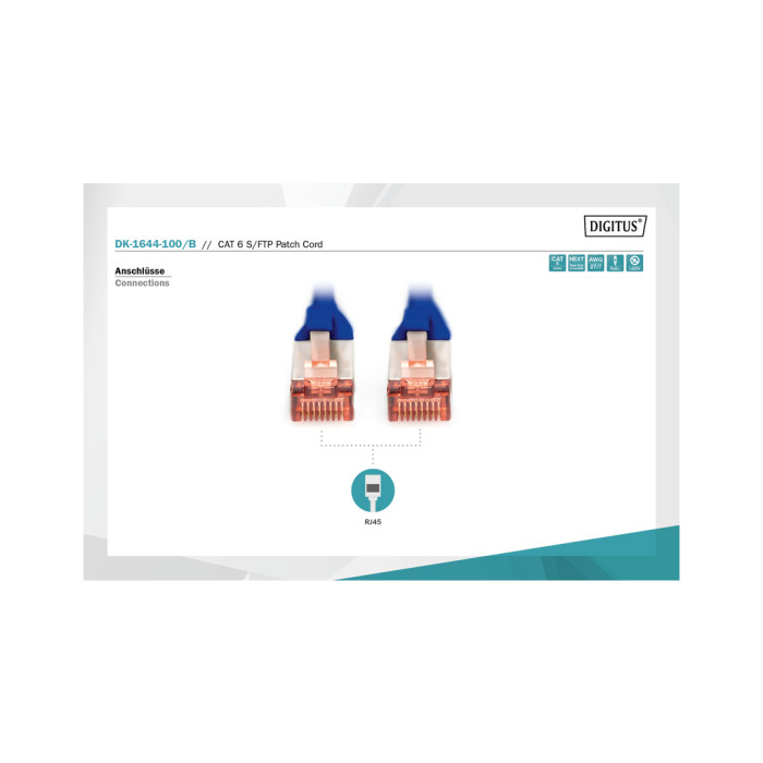 Патч-корд 10м, CAT 6 S-FTP, AWG 27/7, LSZH, blue Digitus (DK-1644-100/B)