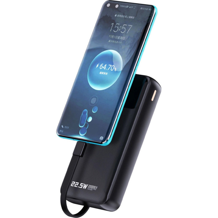 Батарея універсальна Dudao K15Pro 20000mAh PD/22.5W, QC, with built-in cables, Black (6977196682430)