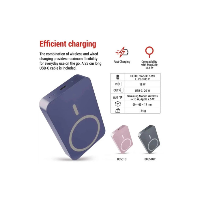 Батарея універсальна EMOS 10000mAh WI1046, 20W, Wireless, blue (B0551BL)