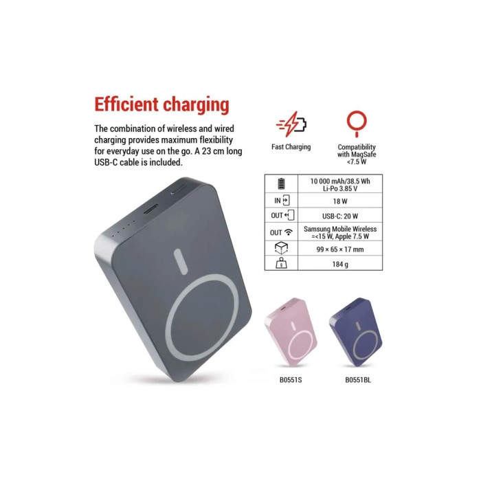 Батарея універсальна EMOS 10000mAh WI1046, 20W, Wireless, grey (B0551GY)