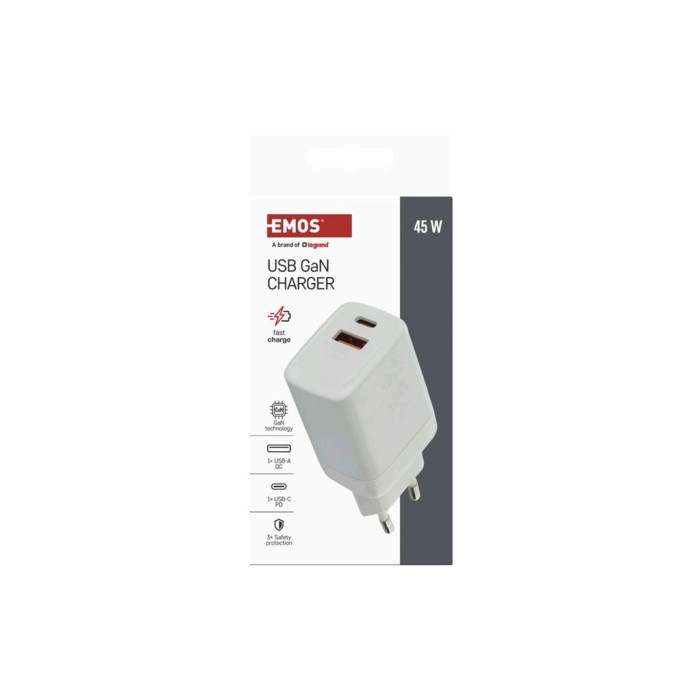 Зарядний пристрій EMOS V04G45 1xUSB-A + 1xUSB-C PD20W GaN (V04G45)