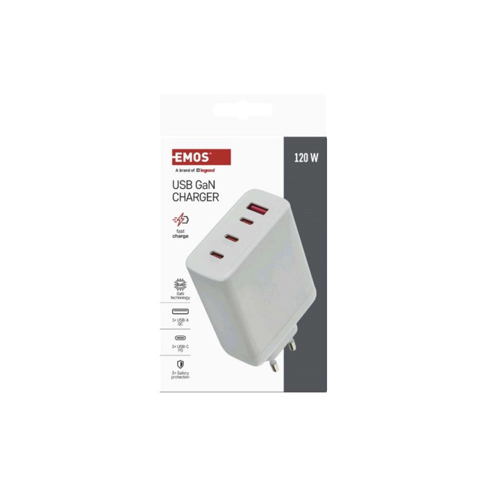 Зарядний пристрій EMOS V06G120 1xUSB-A + 3xUSB-C PD120W GaN (V06G120)