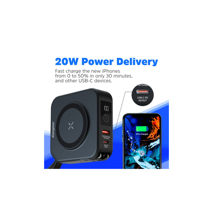 Батарея універсальна Energizer Magnetic Wireless 10000mAh 20W PD, AC зарядка, QI/15W, built-in USB-C (QM10001AC)