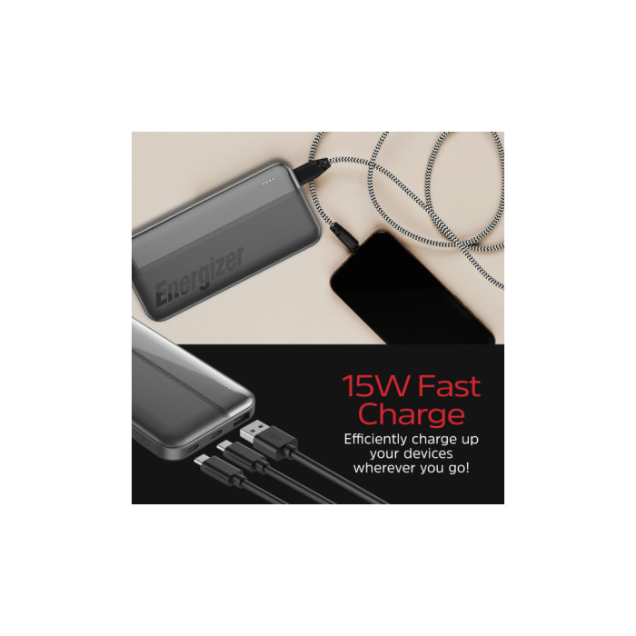 Батарея універсальна Energizer 10000mAh 15W, USB-А, 2*USB-C, Black (UE10050CC)