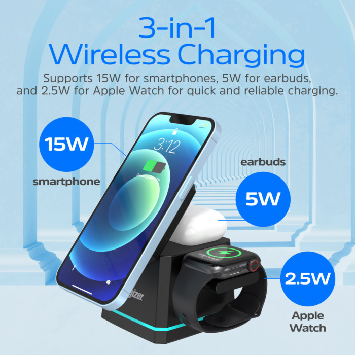 Зарядний пристрій Energizer 15W 3-in-1 magnetic wireless black (WCP307)