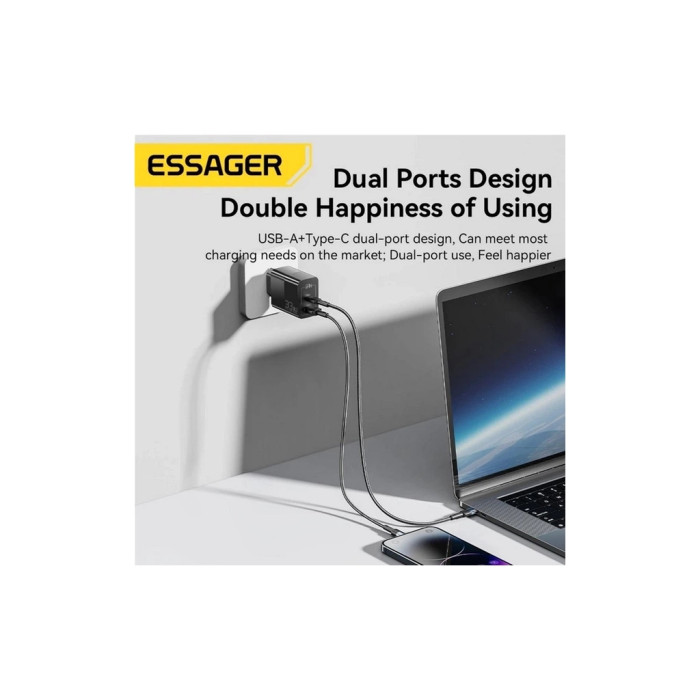 Зарядний пристрій 1xUSB-C + 1xUSB 33W Essager (ECTAC-PCB01-P)