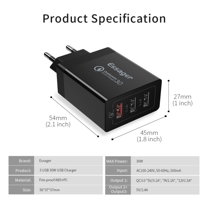 Зарядний пристрій Essager ECTQC3-FBB01
