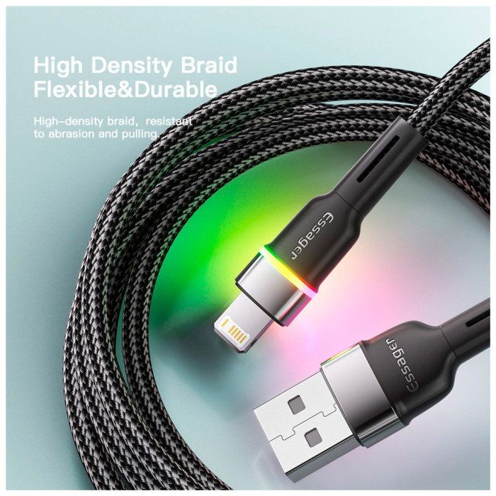 Дата кабель USB 2.0 AM to Lightning 2.0m 2.4A LED black Essager (EXCL-XCDA01)