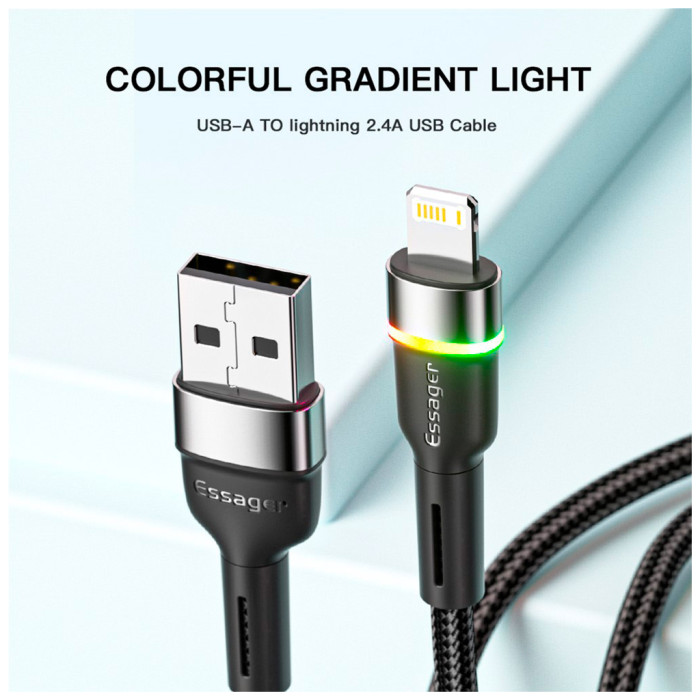 Дата кабель USB 2.0 AM to Lightning 2.0m 2.4A LED black Essager (EXCL-XCDA01)