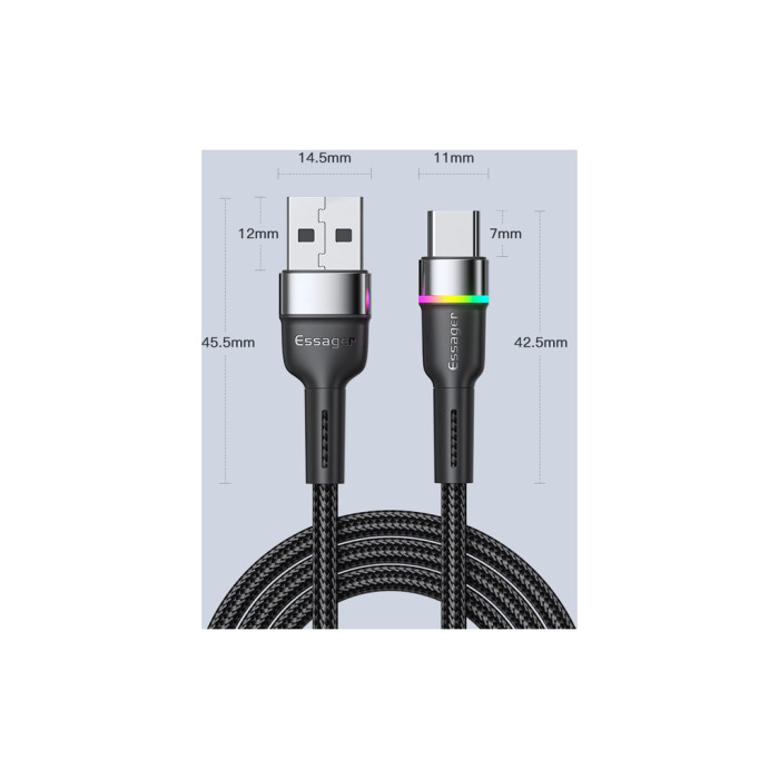 Дата кабель USB 2.0 AM to USB-C 0.5m 3A LED black Essager (EXCT-XCDB01)