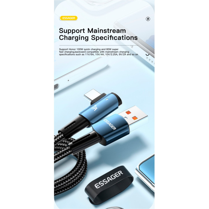 Дата кабель USB 2.0 AM to USB-C 2.0m 100W 90° corner blue Essager (EXCWT7A-CGA03-P)