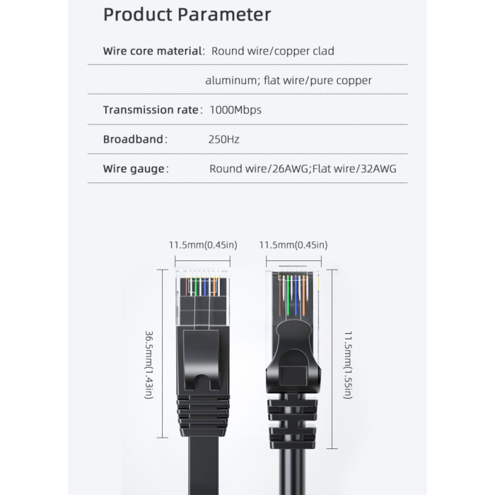 Патч-корд 10м UTP cat 6 RJ45 TopSpeed Ethernet Round Cable Black Essager (EXCWXY-JSF01)