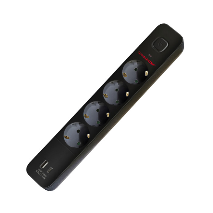 Мережевий розгалужувач EUROELECTRIC X2 16A 2xUSB Black з заземленням (EE-2/2USB-16A(black))