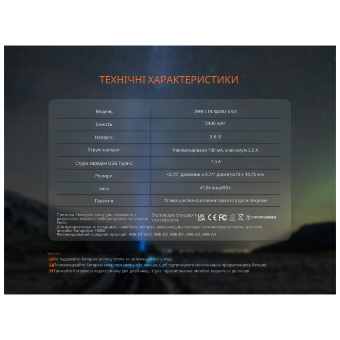 Акумулятор Fenix 18650 (3400 mAh) Type-C (ARB-L18-3400U-V30)