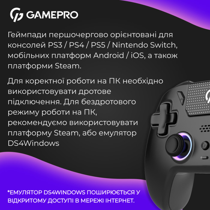Геймпад GamePro із зарядною станцією 2.4G/BT 5.1/USB (Switch/PS/PC/iOS/Android) RGB Black (GPS20BDOC)